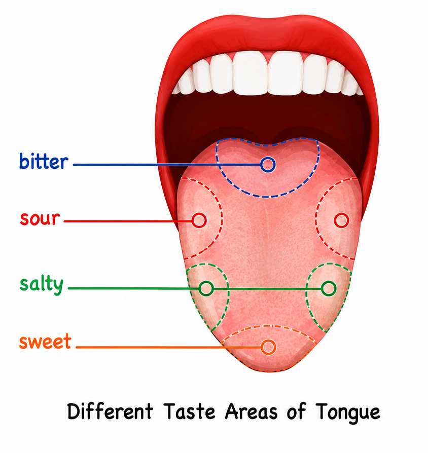 Fig 9.20: Different taste areas of tongue showing bitter (back), sour (sides), salty (front sides), and sweet (tip).